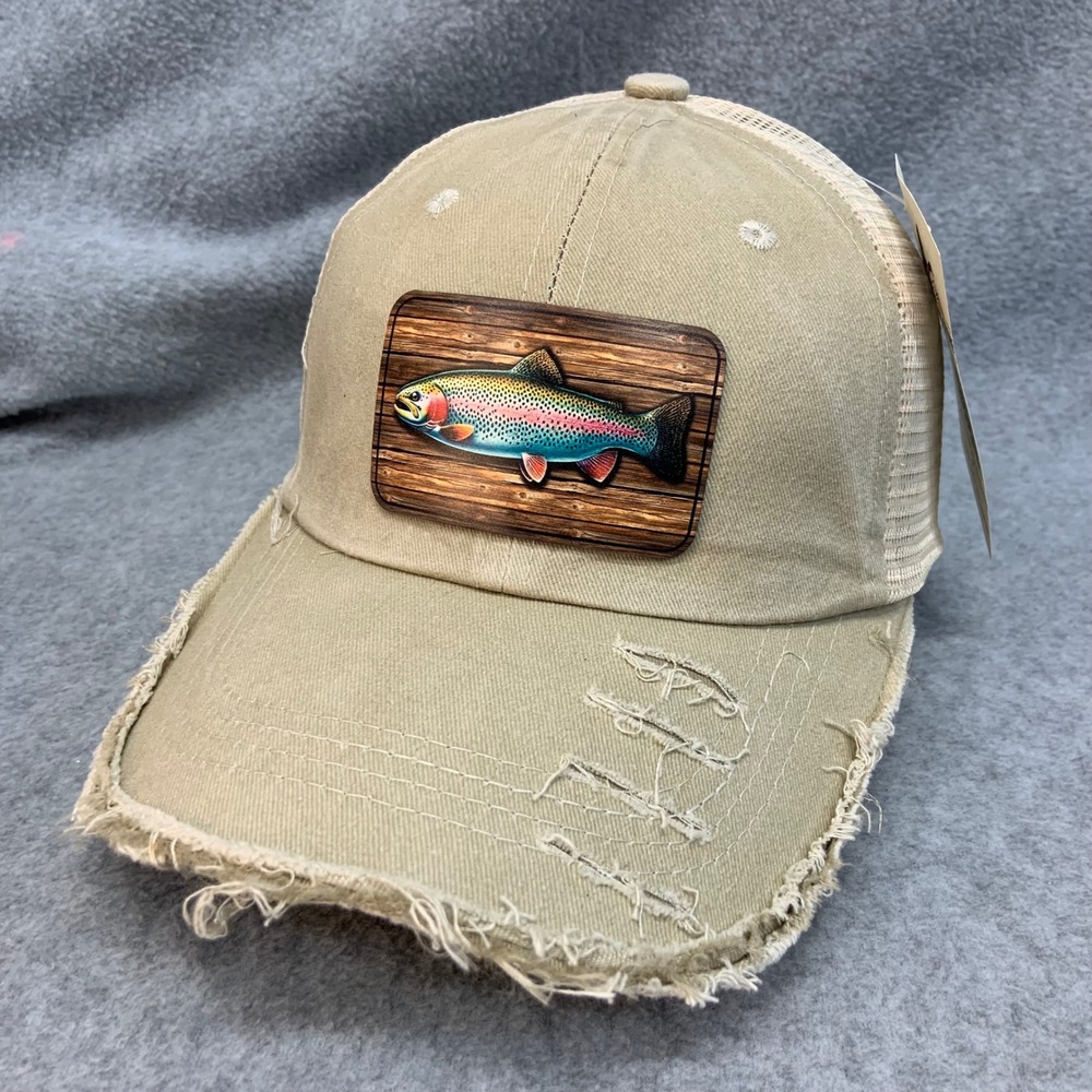 Rainbow Trout Patch Mens Tan Mesh Trucker Hat Distressed OSFM NWT